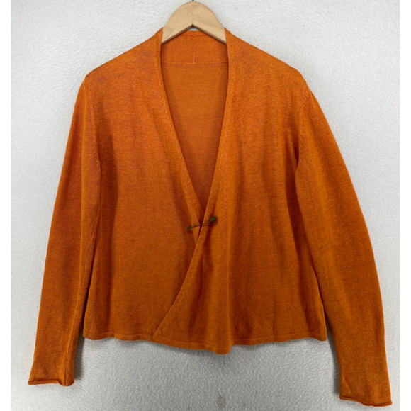 Eileen Fisher Cardigan S Linen Sweater Pin Closure Cropped Long Sleeve Orange - Picture 1 of 10